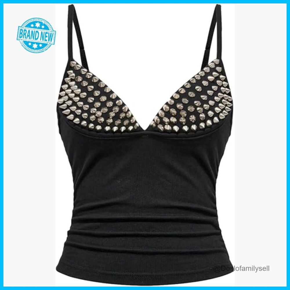 Studded Y2K Deep V Neck Camisole Top Goth Ruched Club Outfit